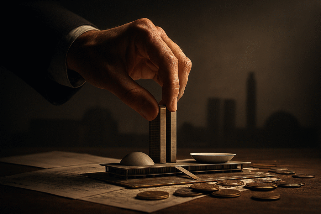 Mão bem vestida segurando o mapa do Brasil com a ponta dos dedos, simbolizando o controle discreto e a negociação de recursos pela Nova Oligarquia do Centro.