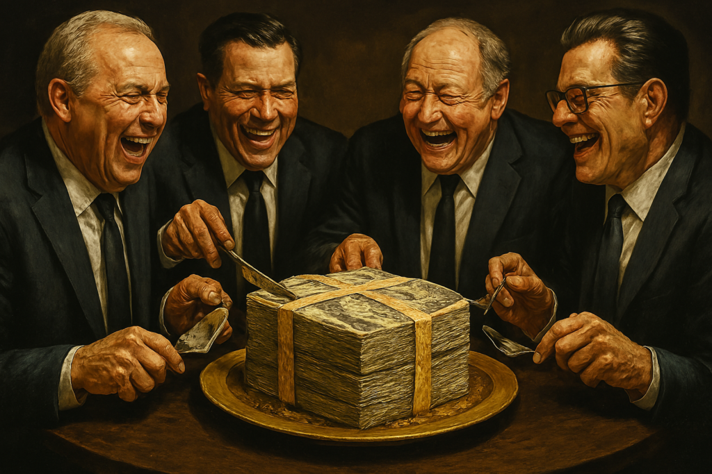 Mãos de políticos dividindo um bolo feito de notas de Real em uma mesa luxuosa.