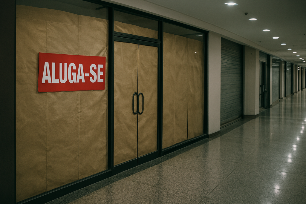 Vitrine de loja em um shopping center brasileiro coberta por papel pardo e uma placa de "Aluga-se".