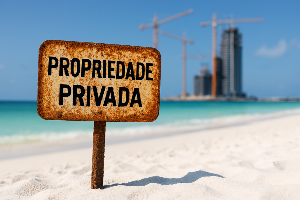 Placa de "Propriedade Privada" fincada na areia de uma praia brasileira, com um prédio de luxo em construção ao fundo.