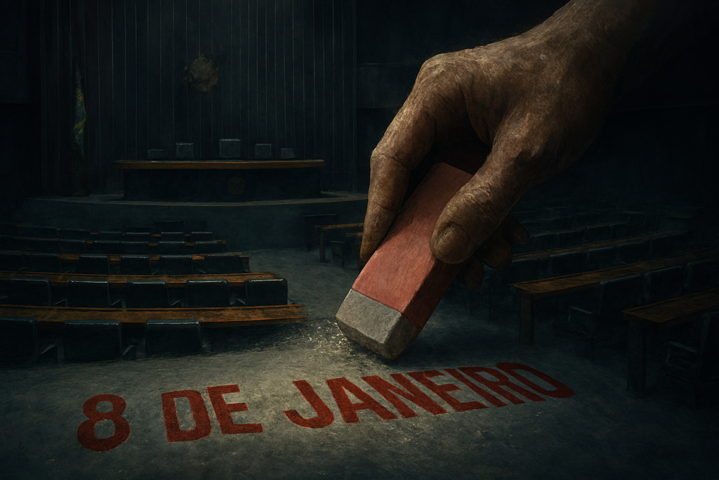 O plenário da Câmara dos Deputados com uma sombra gigante de uma borracha apagando a data "8 de Janeiro" do calendário.