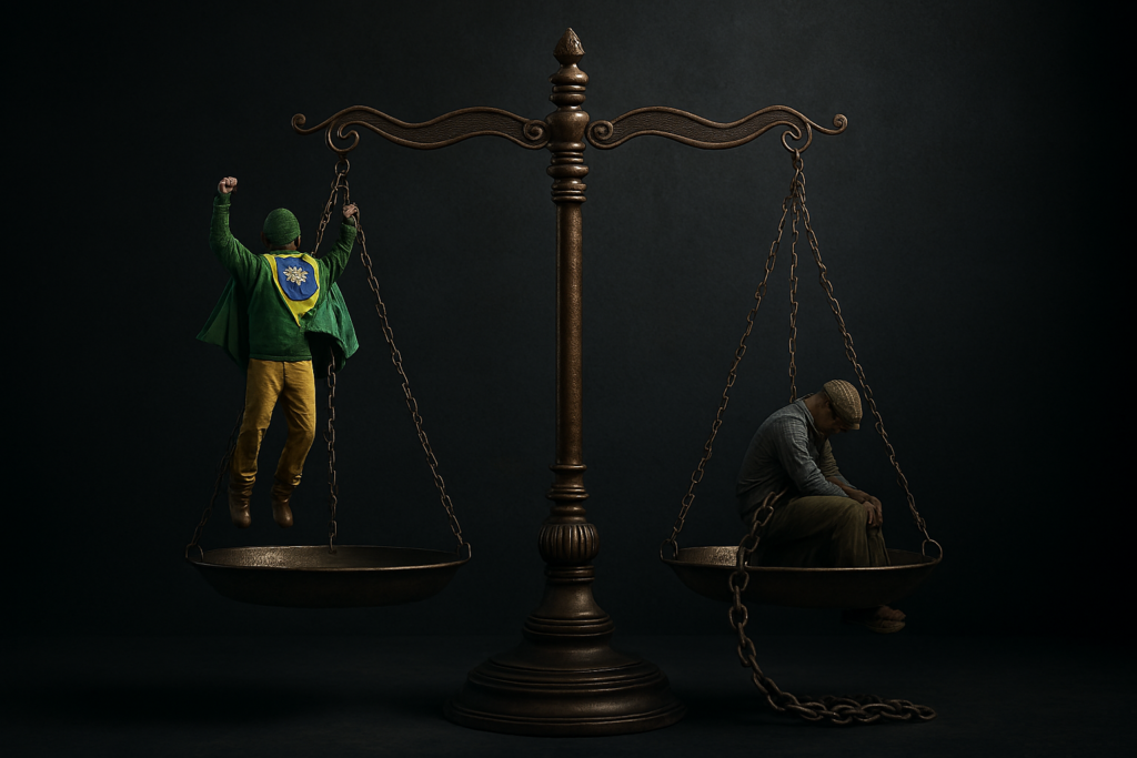 Uma balança da justiça desequilibrada, com um "golpista" de um lado pesando menos do que um cidadão comum do outro.