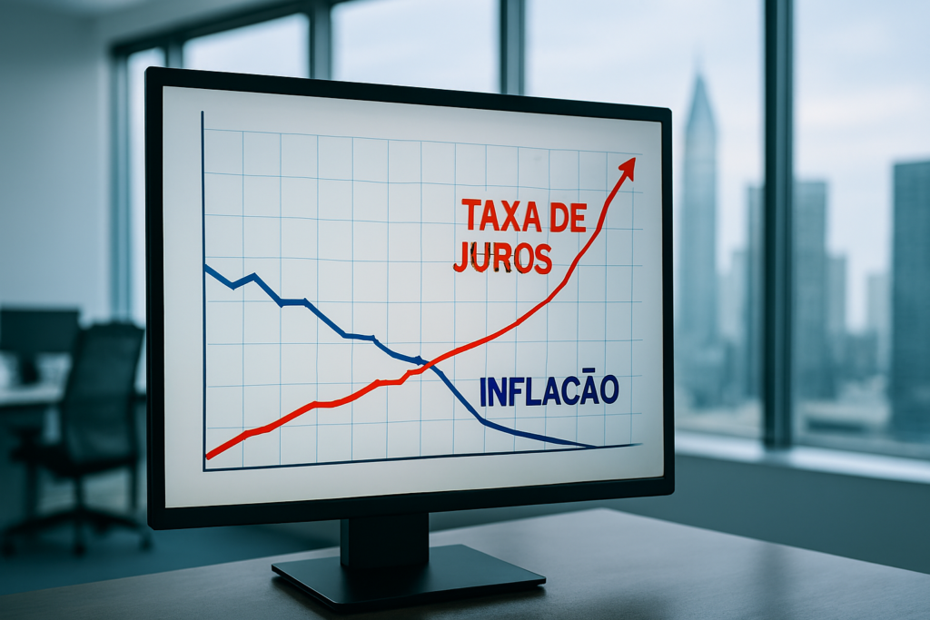 Um gráfico financeiro em um monitor mostrando a linha vermelha da Selic subindo muito acima da linha azul da inflação, com um fundo de escritório da Faria Lima desfocado.