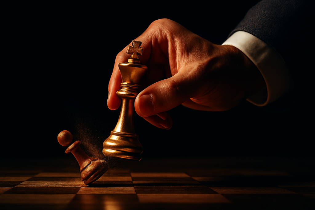 Conceito visual de uma mão de um banqueiro (terno caro) segurando uma peça de xadrez (Rei) e derrubando uma peça de um trabalhador (peão) em um tabuleiro.