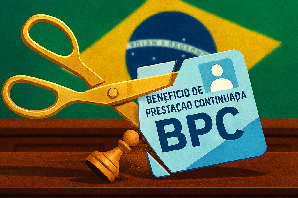 Ilustração editorial de uma tesoura de ouro cortando um cartão de benefício social (BPC) em cima de uma mesa de escritório governamental.