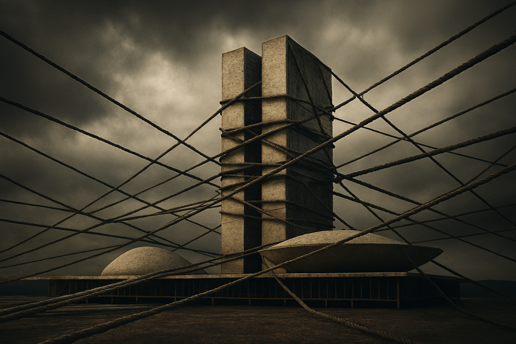 Congresso Nacional do Brasil amarrado e segurado por cordas grossas sob um céu cinzento, simbolizando a paralisia institucional e o poder de veto do Centrão.