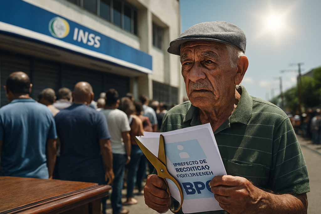 Fotografia realista de um idoso brasileiro segurando documentos em uma fila longa do INSS sob o sol, parecendo preocupado.