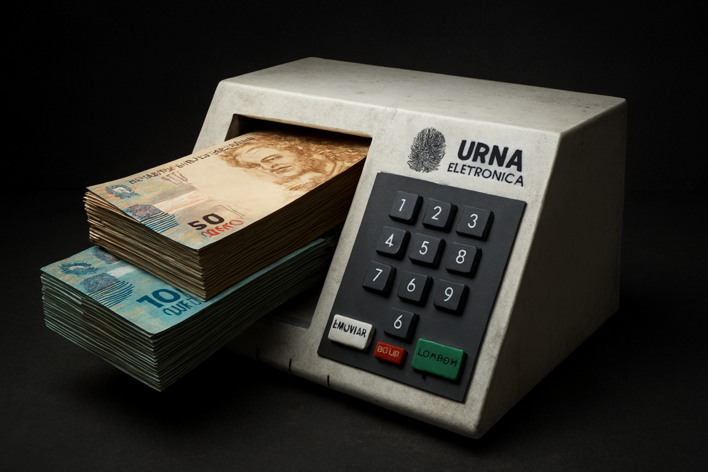 Arte conceitual de uma urna eletrônica brasileira com uma fenda onde maços de dinheiro estão sendo inseridos como em um caixa eletrônico.