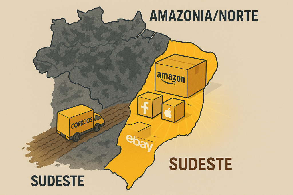 Um mapa do Brasil dividido. A região Sudeste está dourada e cheia de logos de empresas privadas (Amazon, Mercado Livre). A região Norte/Nordeste está cinza, apenas com o logo dos Correios e uma placa de "Obrigação Social".