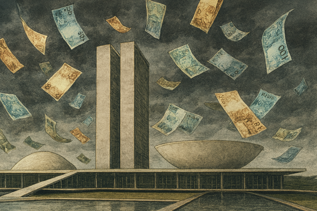 Fachada do Congresso Nacional em Brasília com notas de dinheiro voando ao redor, representando as Emendas Pix.