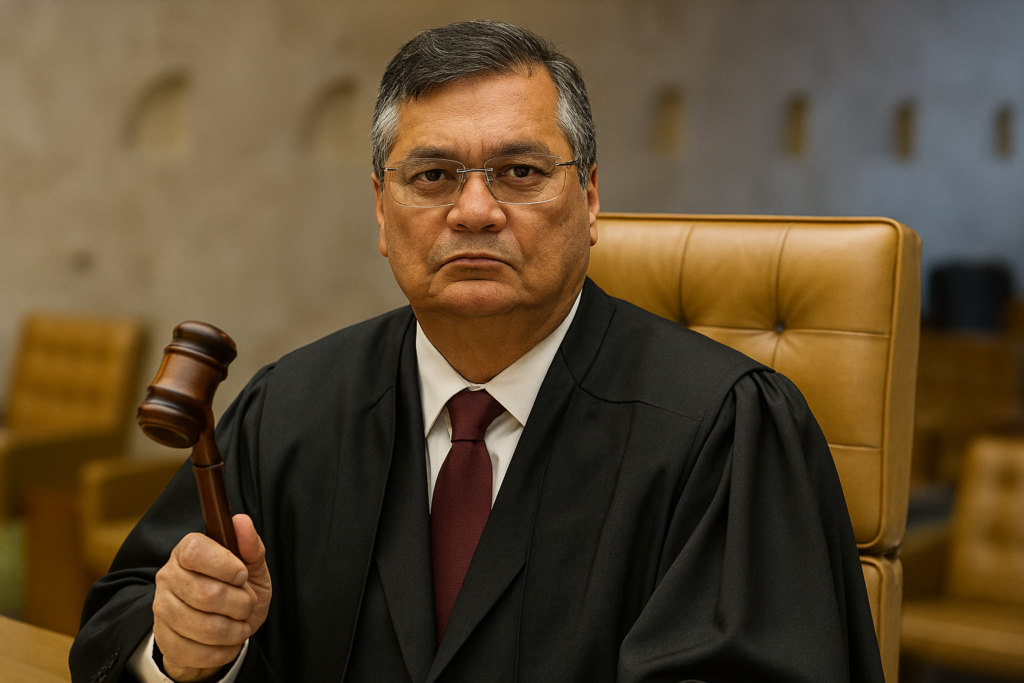 Ministro Flávio Dino em sua cadeira no STF segurando um martelo de juiz, com expressão séria.