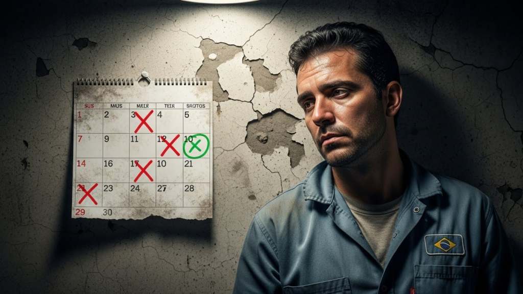 Trabalhador brasileiro exausto, com uniforme, olhando desanimado para um calendário na parede marcando 6 dias de trabalho.