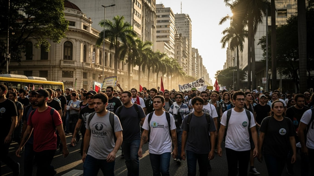 Manifestação popular com cartazes escritos "FIM DA ESCALA 6x1" e "VIDA ALÉM DO TRABALHO".