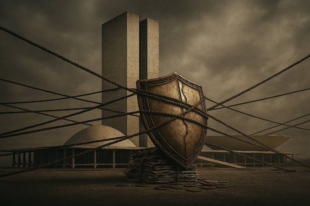 Escudo dourado rachado representando a falha na imunidade parlamentar e a proteção de políticos corruptos.