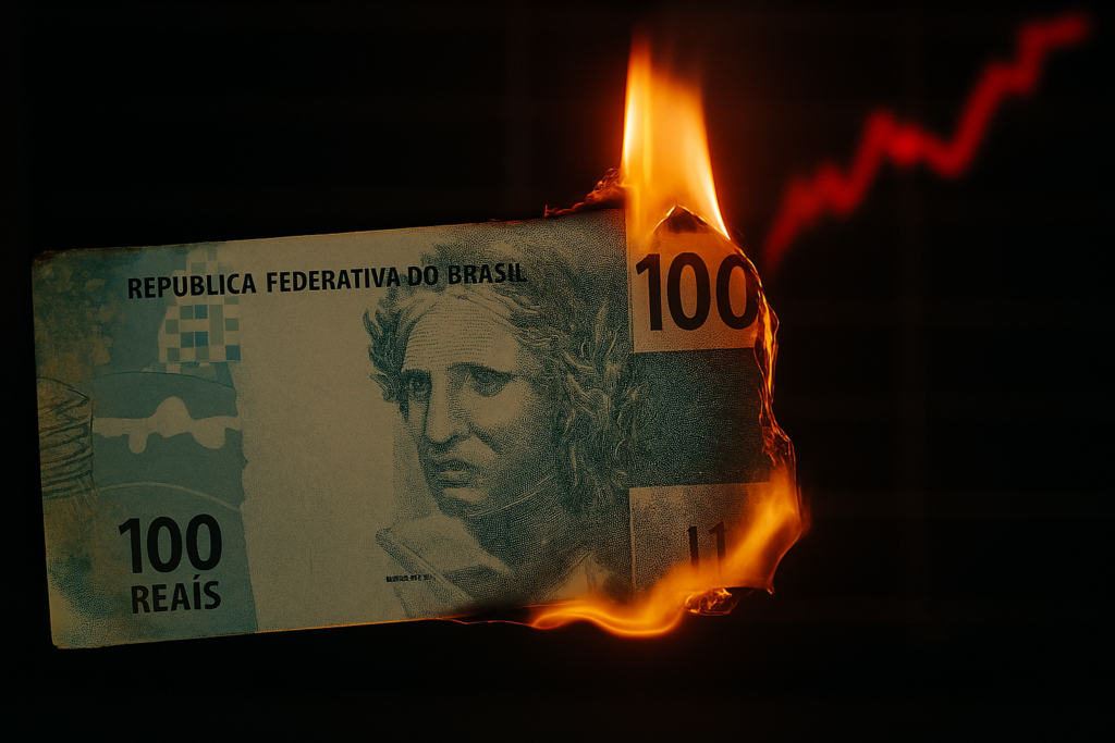 Uma nota de 100 reais queimando nas pontas, com o reflexo de um gráfico do dólar subindo ao fundo.