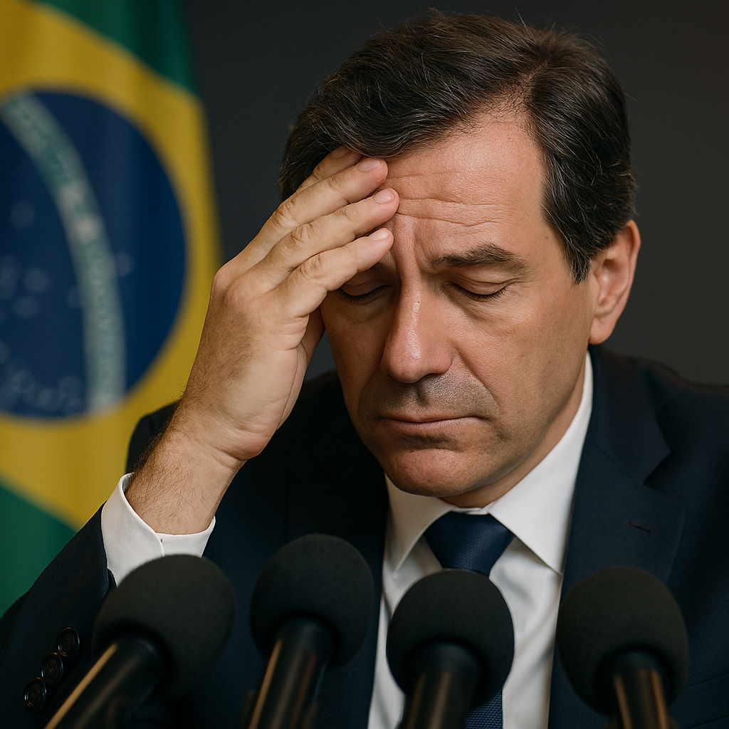 Ministro Fernando Haddad em coletiva de imprensa com a mão no rosto, parecendo preocupado, com microfones à frente.