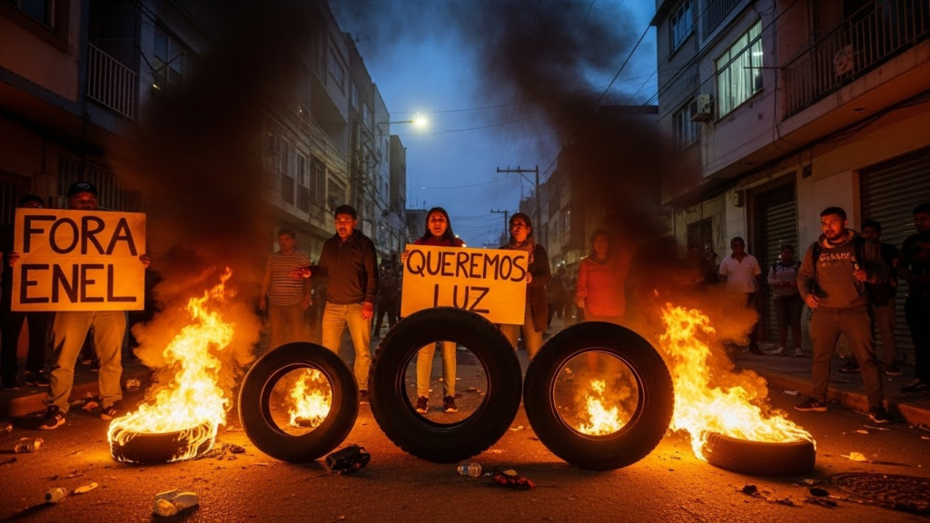 Protesto de moradores indignados queimando pneus em uma rua bloqueada, com faixas contra a Enel.